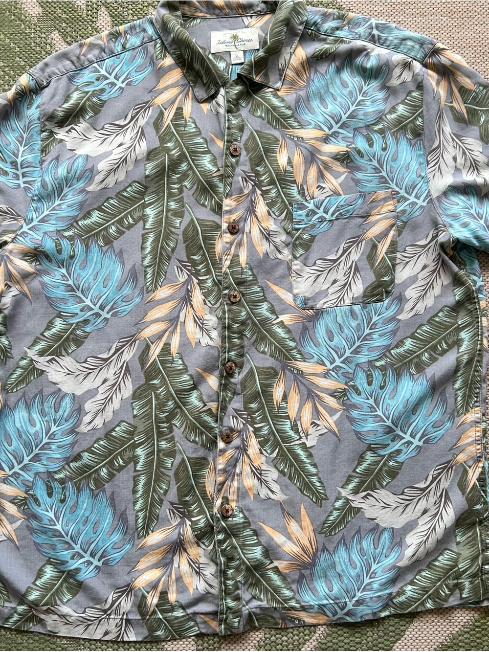 Island Shores Grey with Blue/Green/Cream Tropical Leaf Aloha Shirt XL